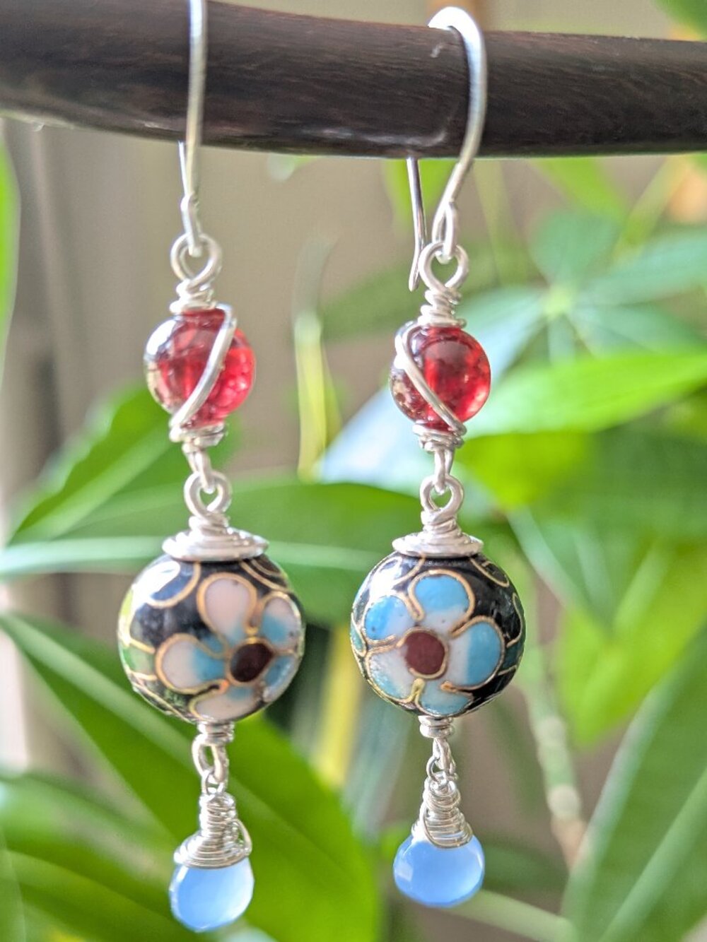 Vintage Cloisonne Earrings with Garnet and Chalcedony in Sterling Silver - Picture 6 of 14